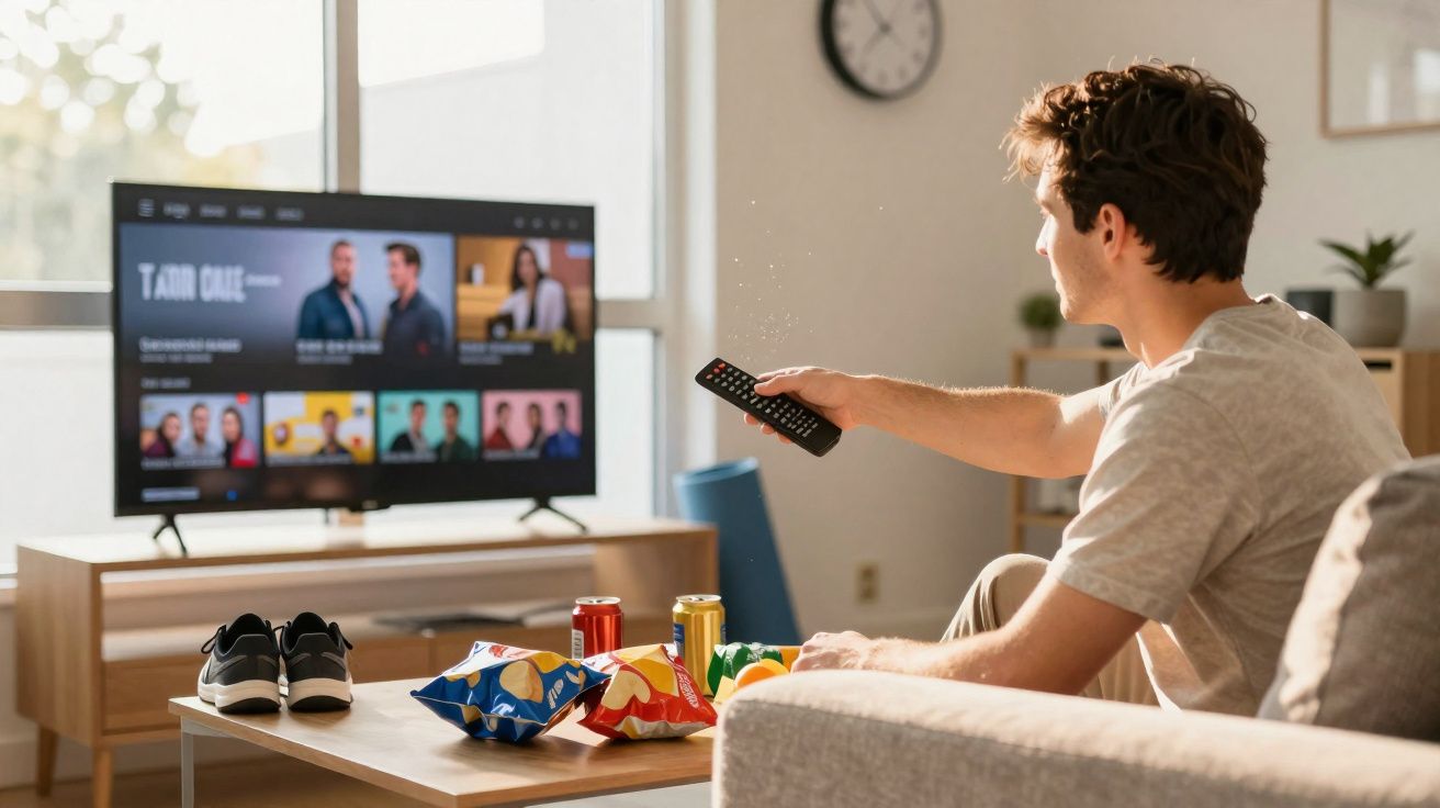 Jovem sentado no sofá assistindo TV com controle remoto e petiscos sobre a mesa de centro.
