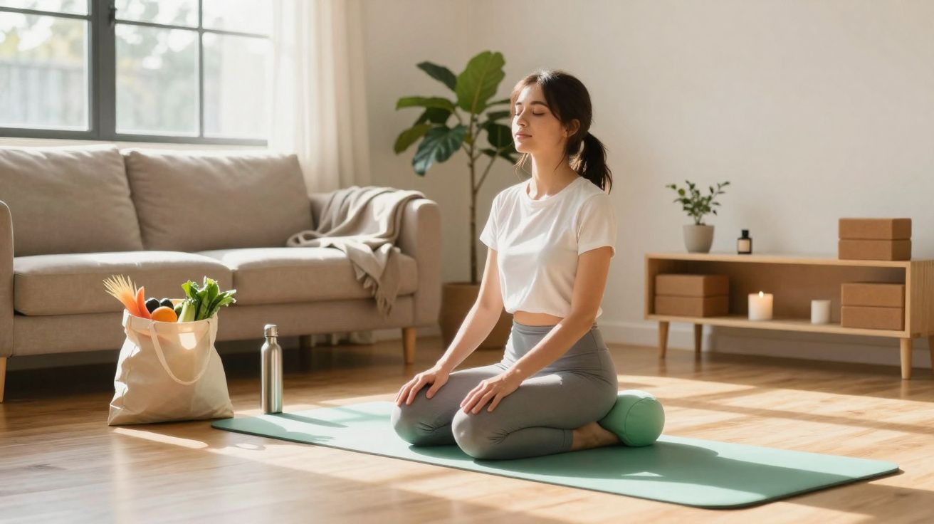 Mulher meditando em posição de lótus em tapete de yoga em sala iluminada com sofá e planta ao fundo.
