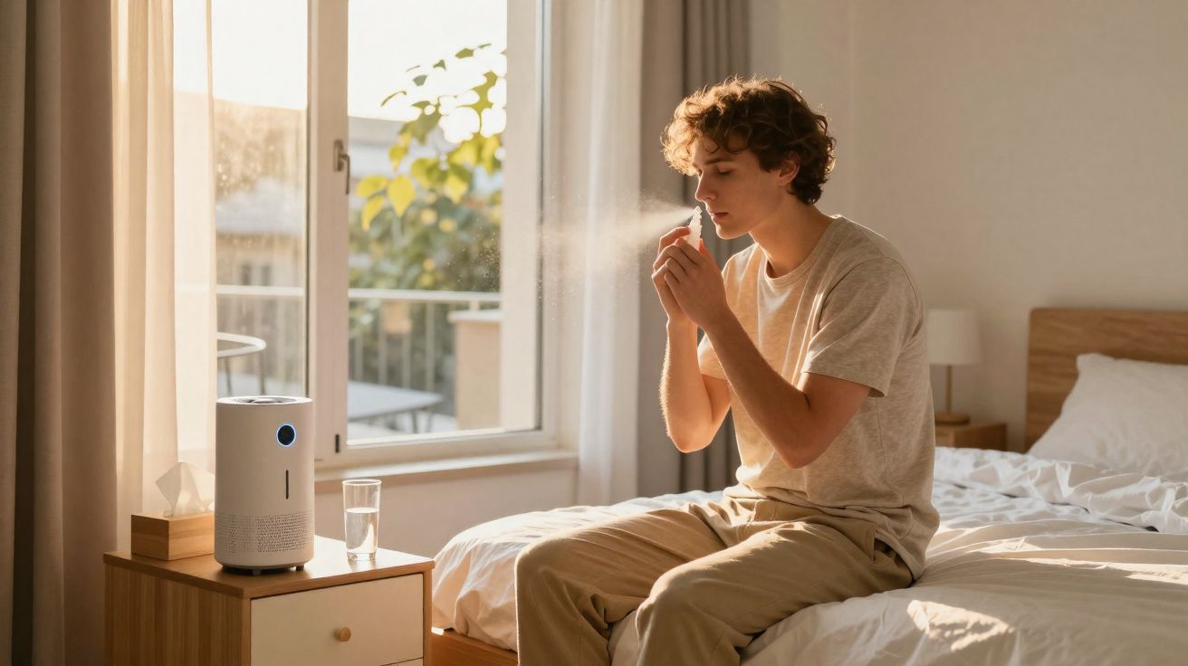 Jovem sentado na cama usando spray nasal em quarto iluminado pela luz natural da janela.