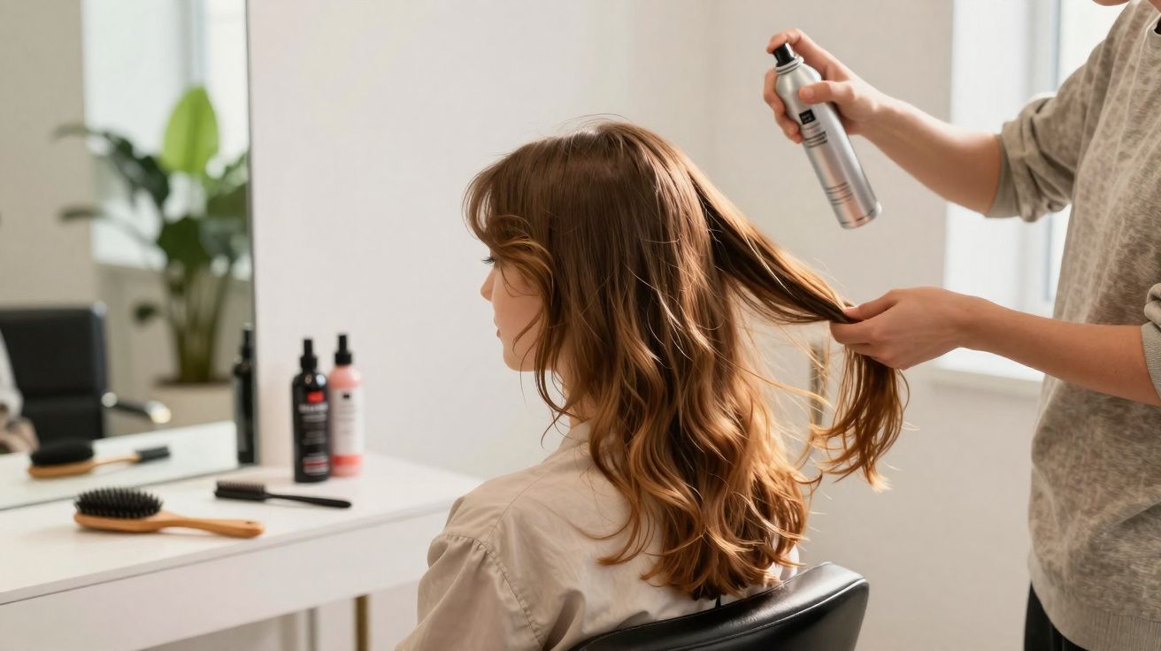 Mulher com cabelo ondulado recebendo aplicação de spray em salão de beleza.
