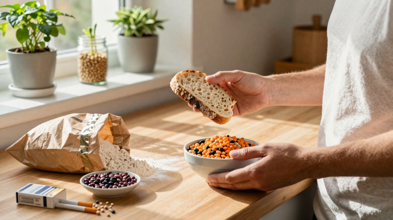 Pessoa segurando pão e tigela com feijões e lentilhas sobre bancada de cozinha iluminada.