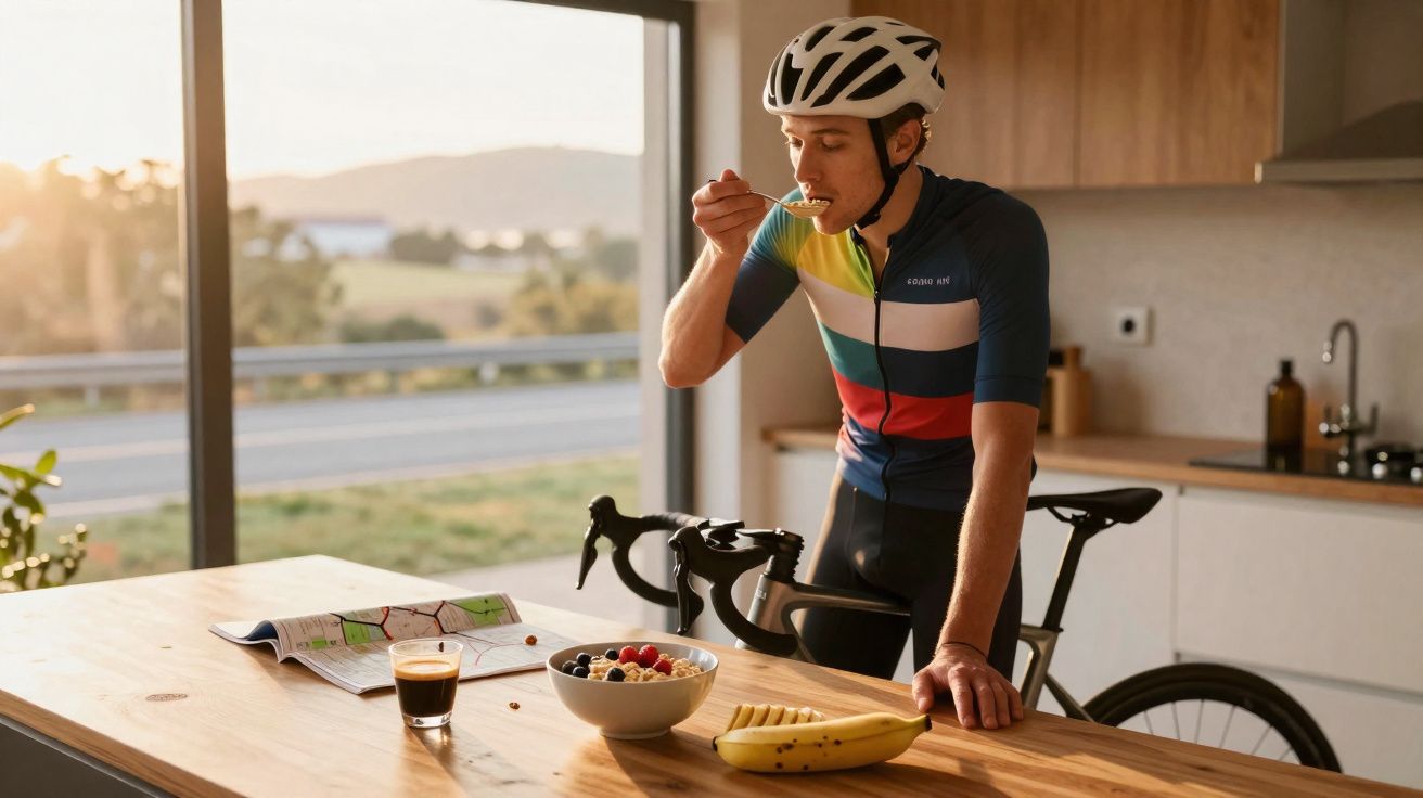 Ciclista com capacete comendo cereais na cozinha, próximo à bicicleta e frutas na bancada.