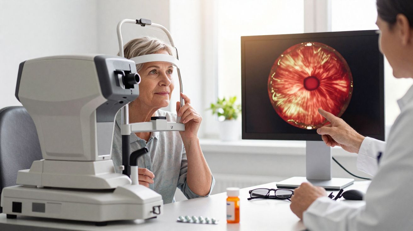 Idosa passando por exame ocular com oftalmologista que aponta imagem do olho em tela de computador.