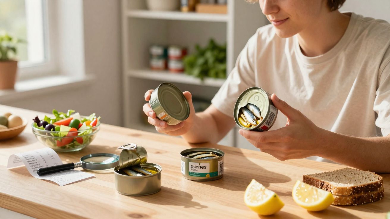 Pessoa segurando lata de sardinhas aberta em cozinha com limão, pão, salada e lupa sobre mesa de madeira.