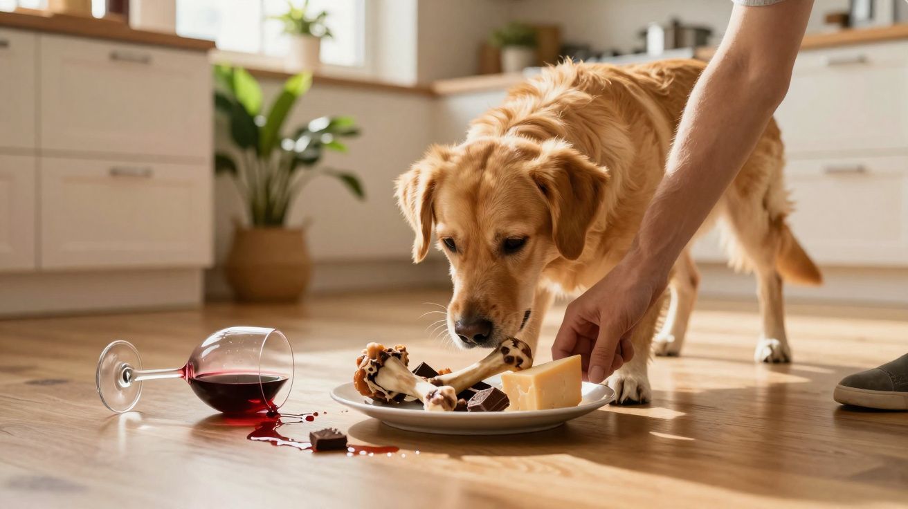 Cachorro dourado tenta pegar comida em prato próximo a vinho tinto derramado no chão de cozinha.