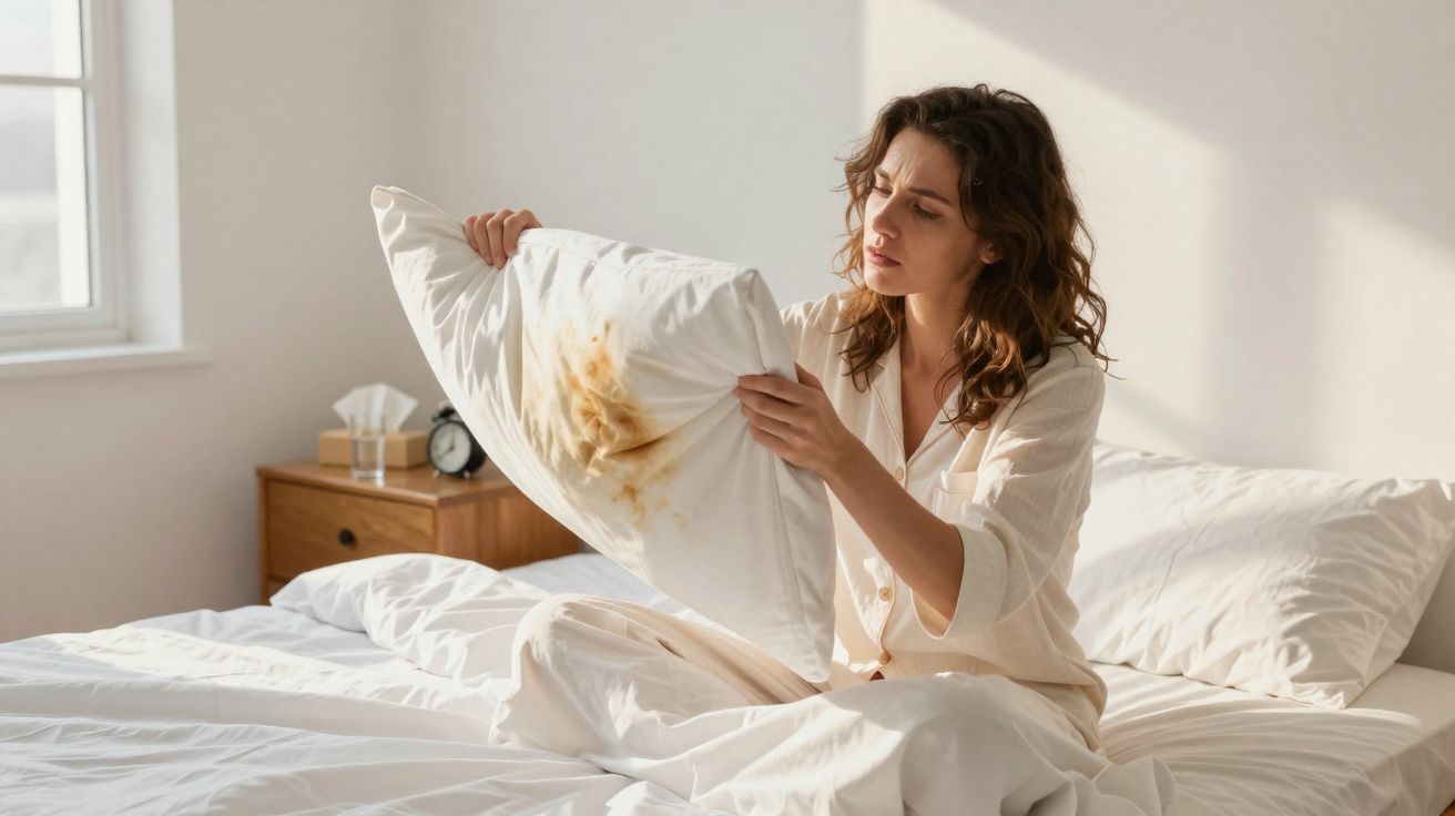 Mulher sentada na cama observando um travesseiro com mancha amarela em quarto iluminado.