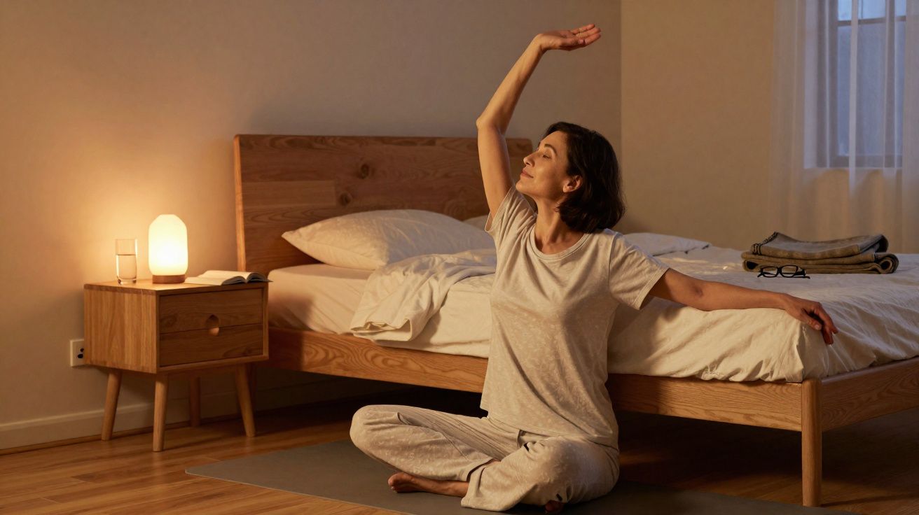 Mulher sentada no chão ao lado da cama, alongando os braços em ambiente tranquilo e iluminado.