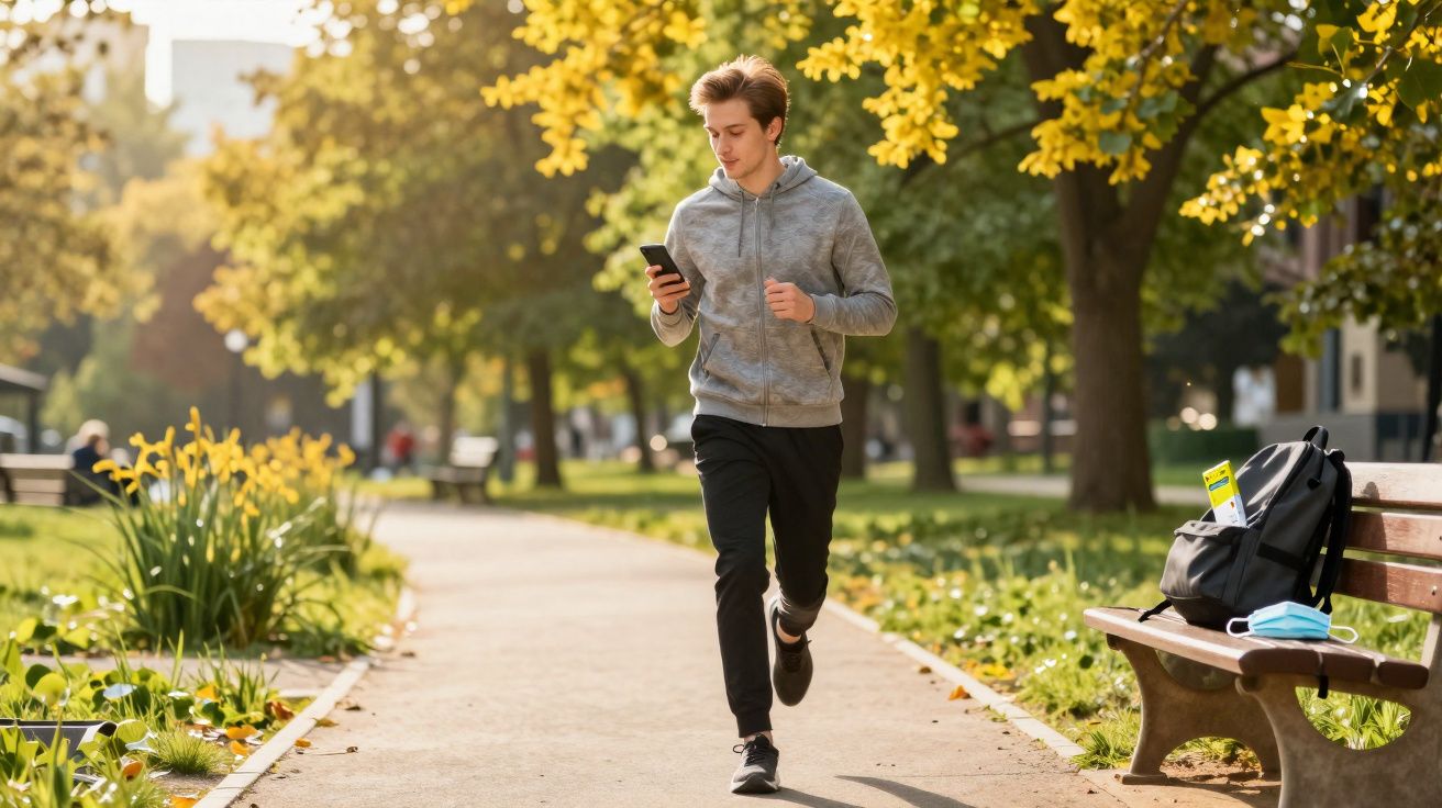 Jovem correndo em parque ensolarado, olhando para celular, com mochila e máscara em banco próximo.