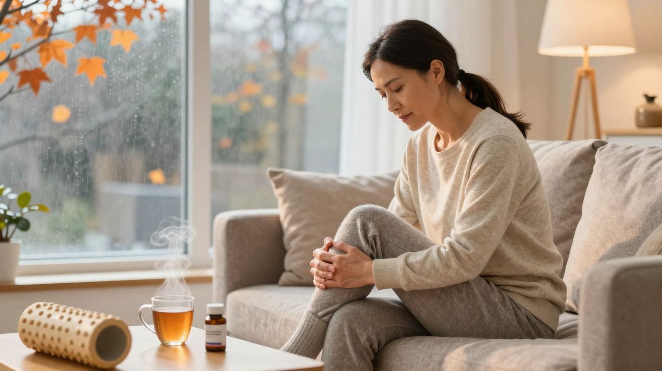 Mulher sentada no sofá segurando o joelho, com chá quente e medicamento na mesa ao lado.