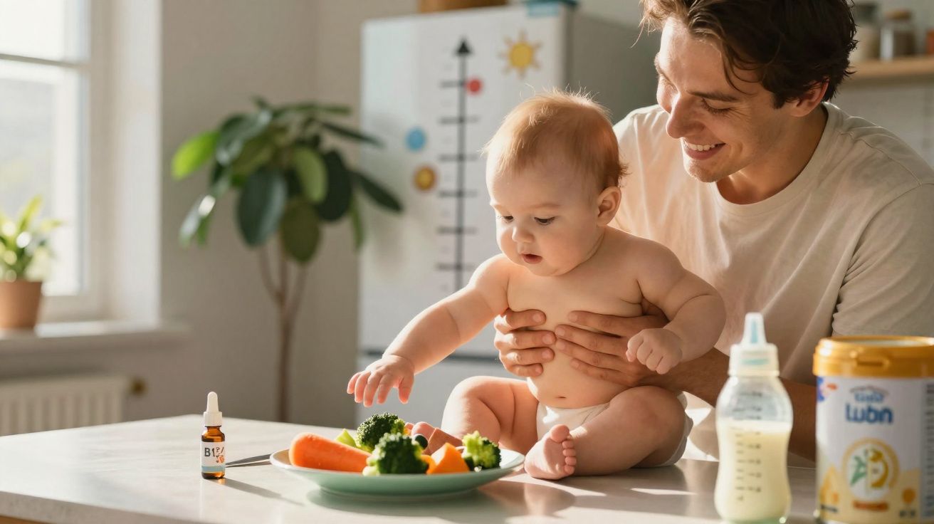 Pai segurando bebê sentado à mesa com prato de legumes, mamadeira e suplemento infantil ao redor.