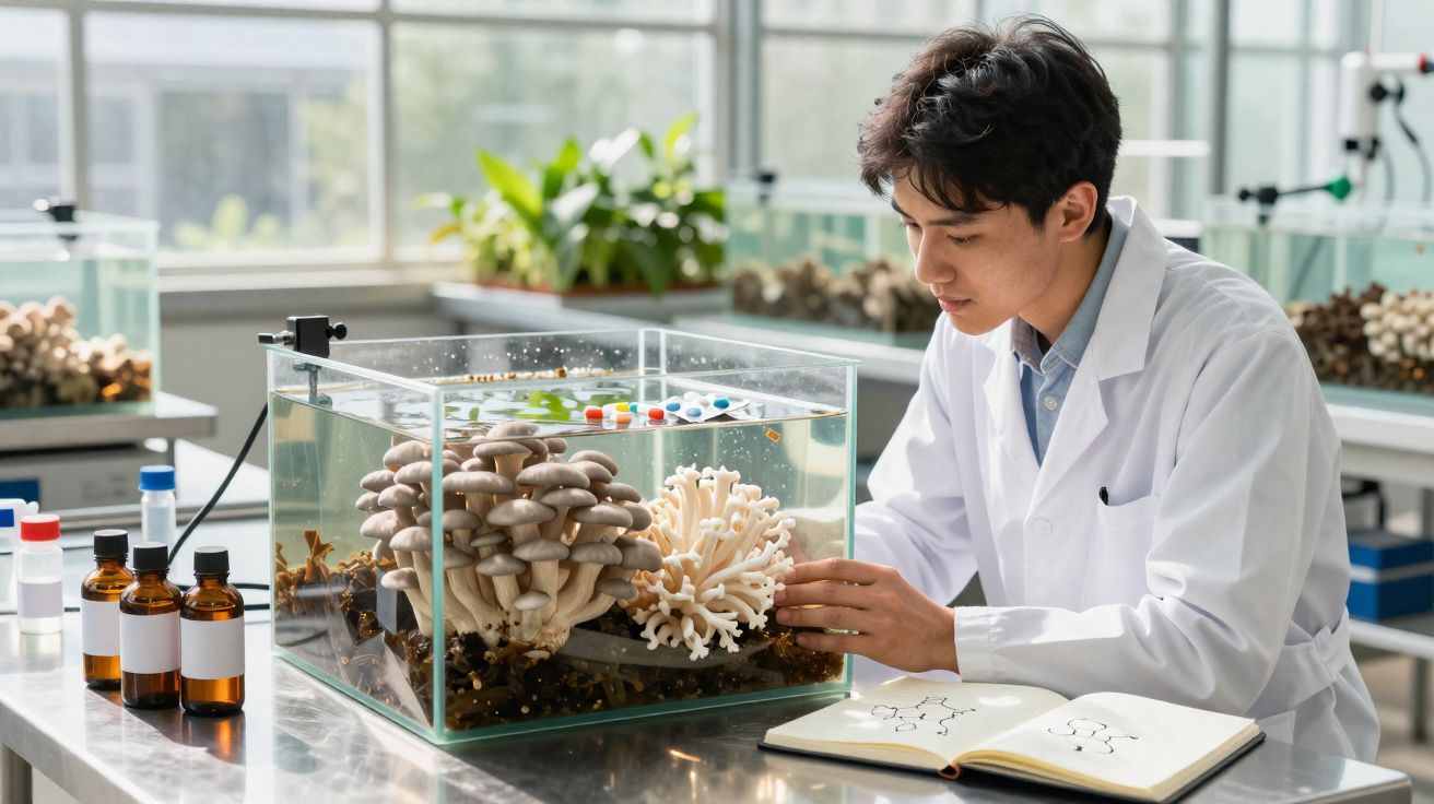 Cientista em laboratório observa aquário com cogumelos e coral, com livro aberto e frascos ao lado.