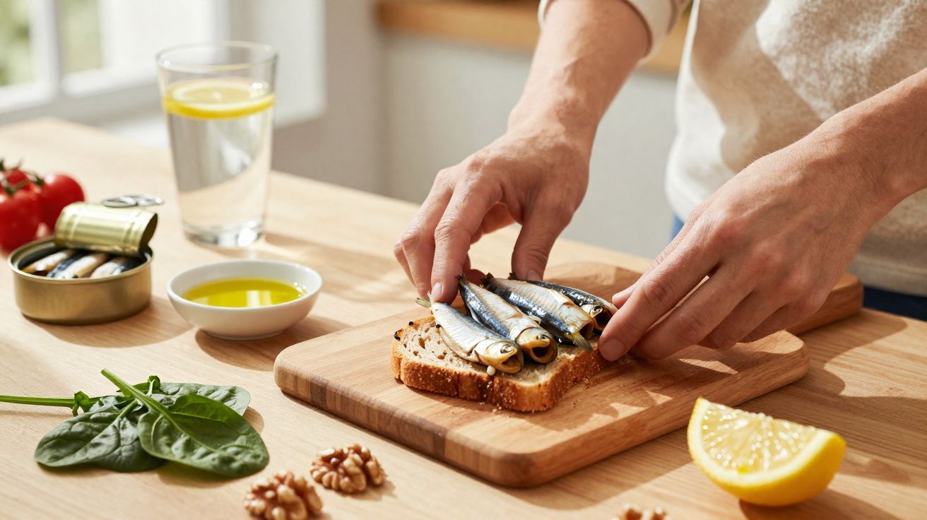 Pessoa colocando sardinhas em fatia de pão sobre tábua de madeira em mesa com ingredientes.