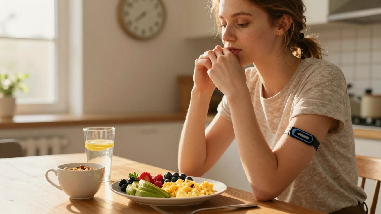 Mulher pensativa sentada à mesa com prato de café da manhã saudável e copo de água com limão.