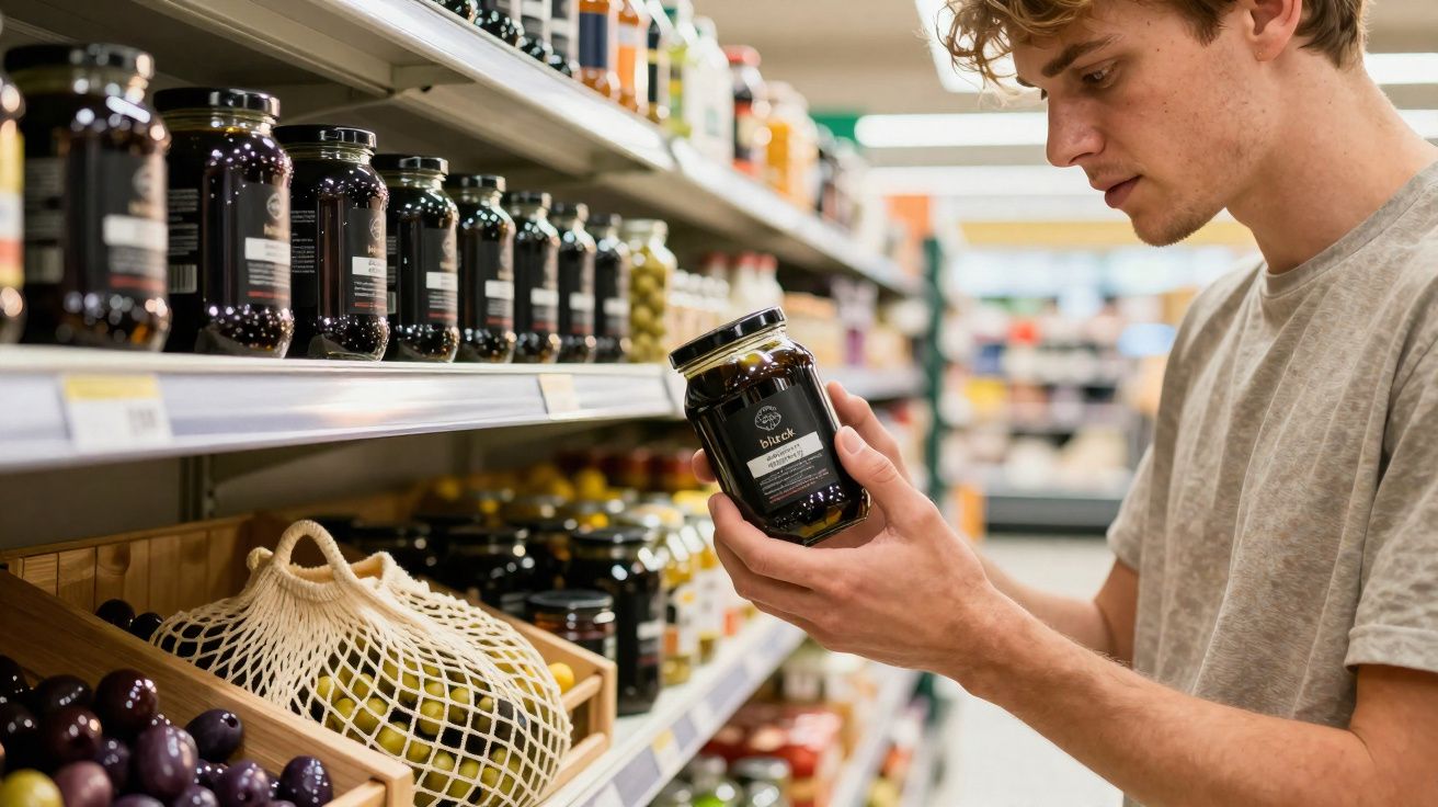 Jovem segurando pote de azeitonas pretas e olhando rótulo no supermercado.