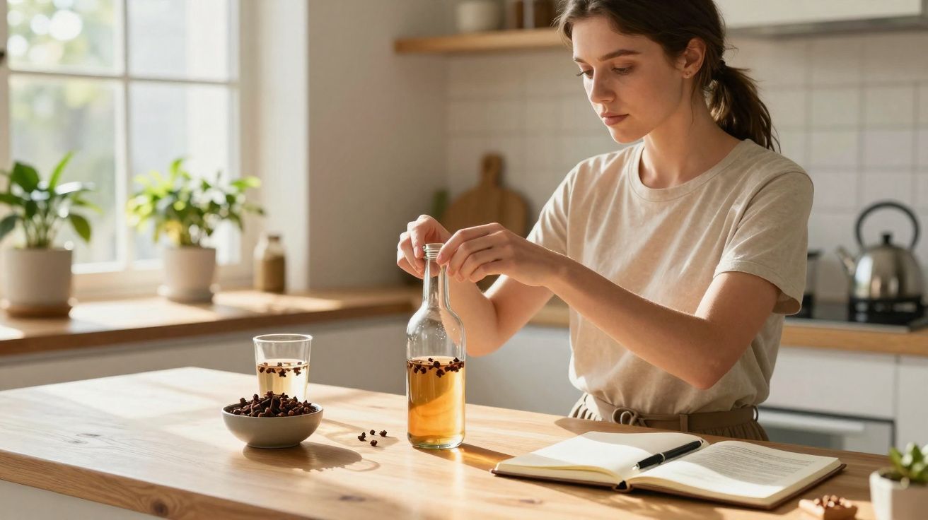 Mulher preparando infusão de especiarias em garrafa na cozinha iluminada, com livro aberto em bancada.