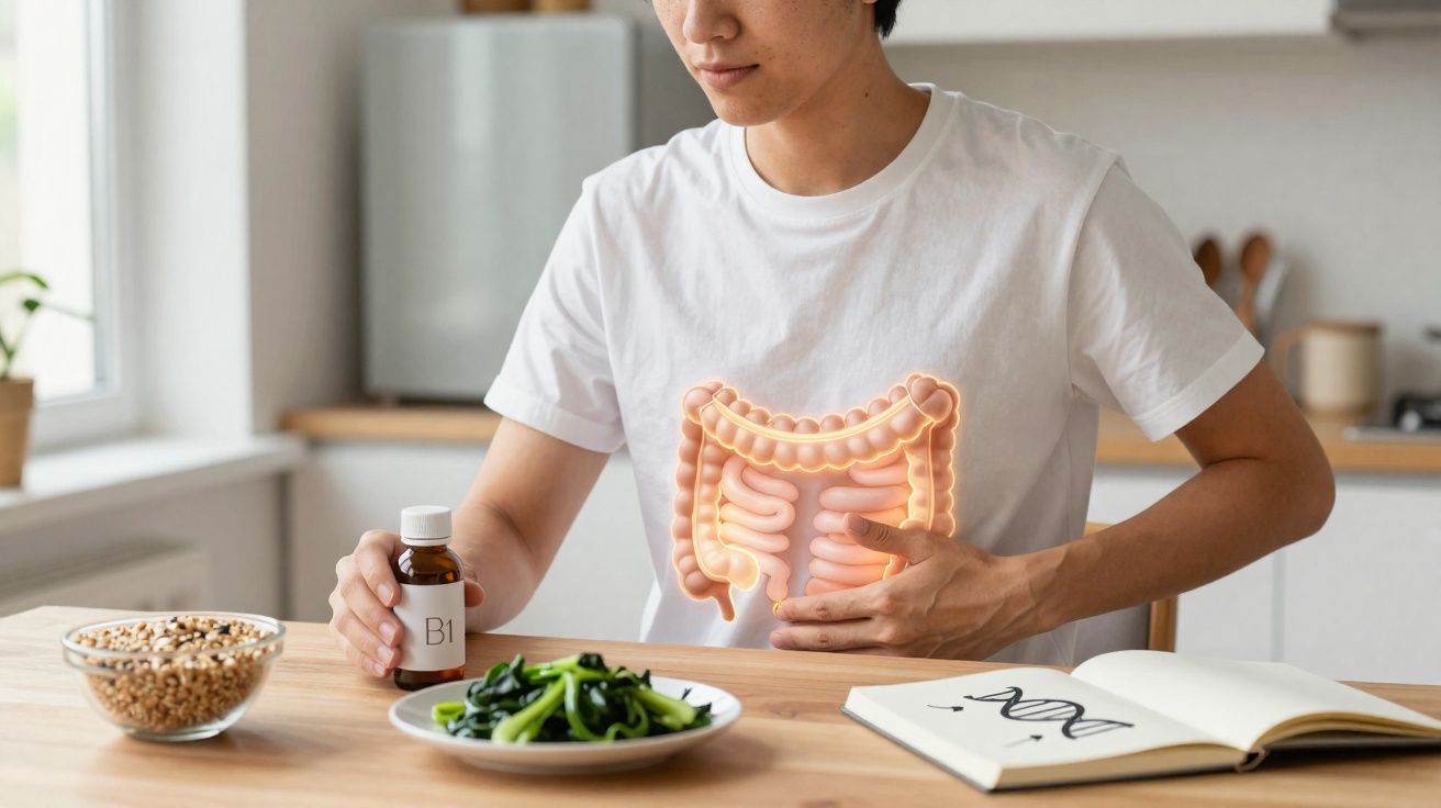 Pessoa segurando frasco de suplemento B1 com imagem digital do intestino sobreposta no abdômen.