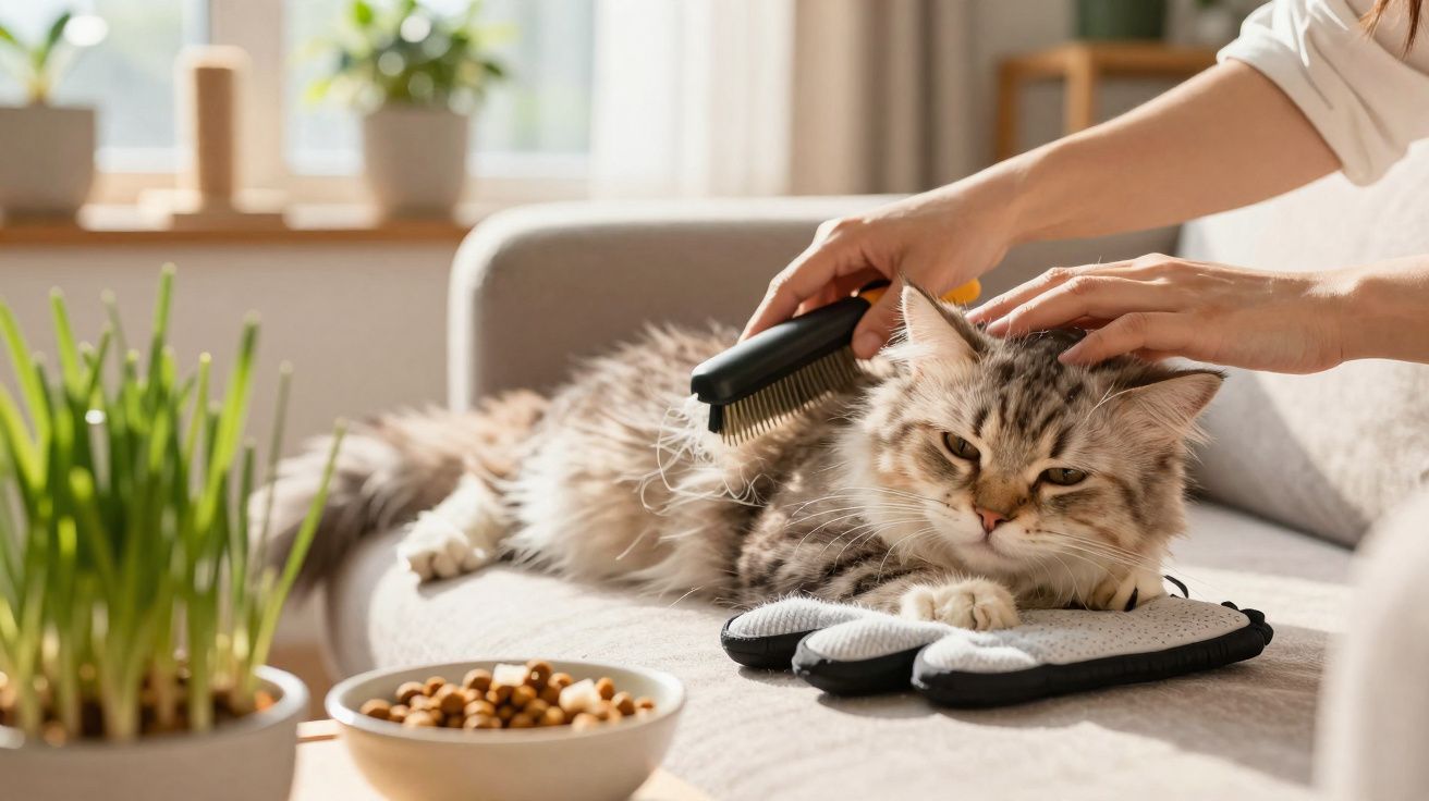 Pessoa escova gato cinza de pelo longo deitado em sofá claro com bol de ração e planta ao lado.