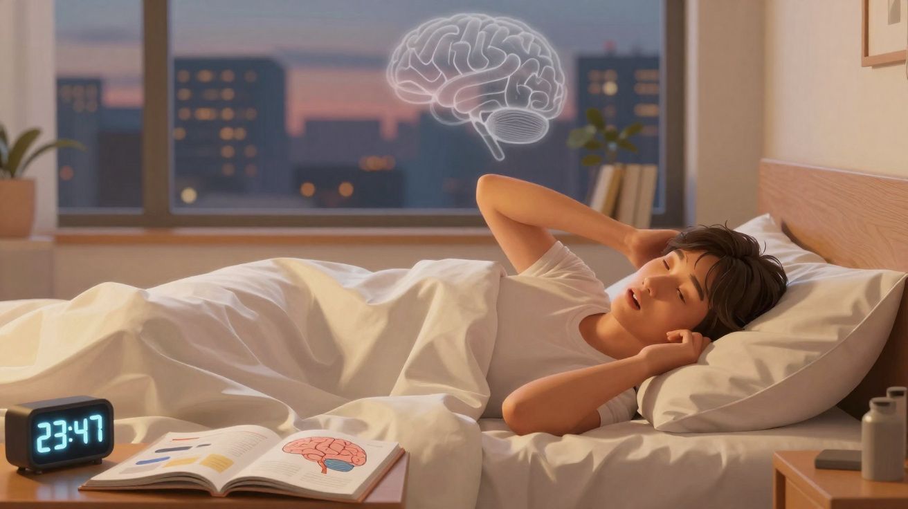 Pessoa deitada na cama tentando dormir com cérebro ilustrado flutuando acima, digital relógio marcando 23:47.