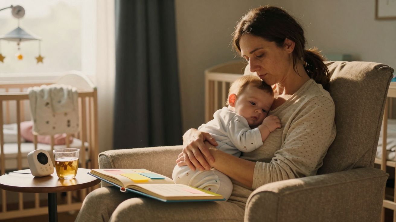 Mulher sentada em poltrona segurando bebê nos braços com livro aberto no colo em quarto de criança.