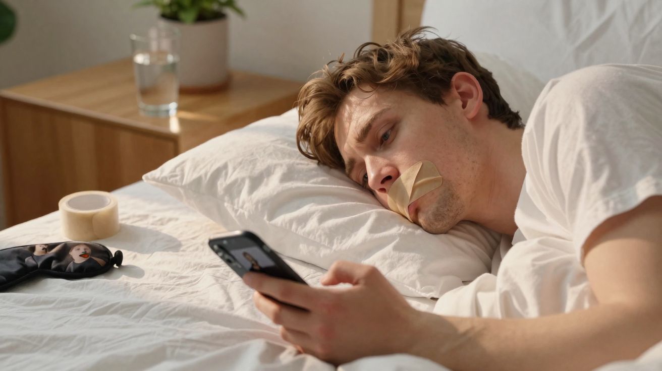 Homem deitado na cama com fita adesiva na boca olhando para o celular em ambiente residencial.