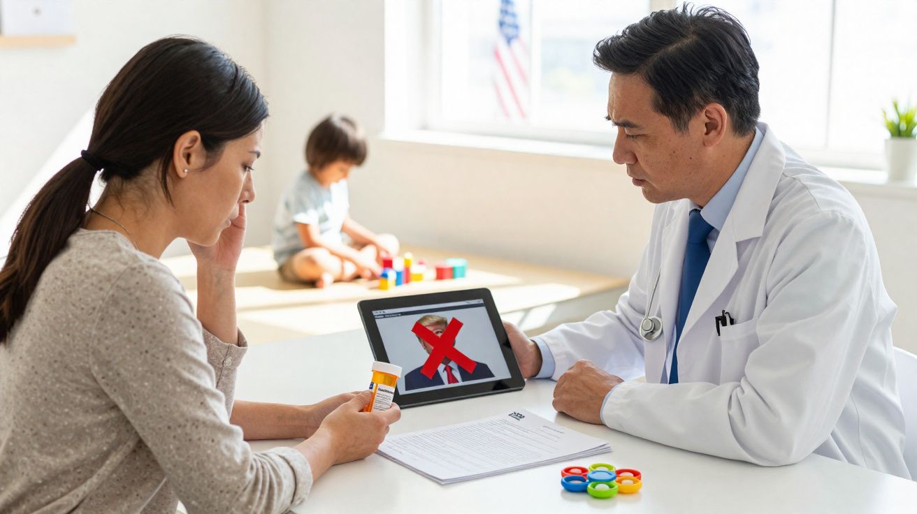 Médico mostra em tablet imagem com X vermelho para mulher segurando remédio enquanto criança brinca ao fundo.