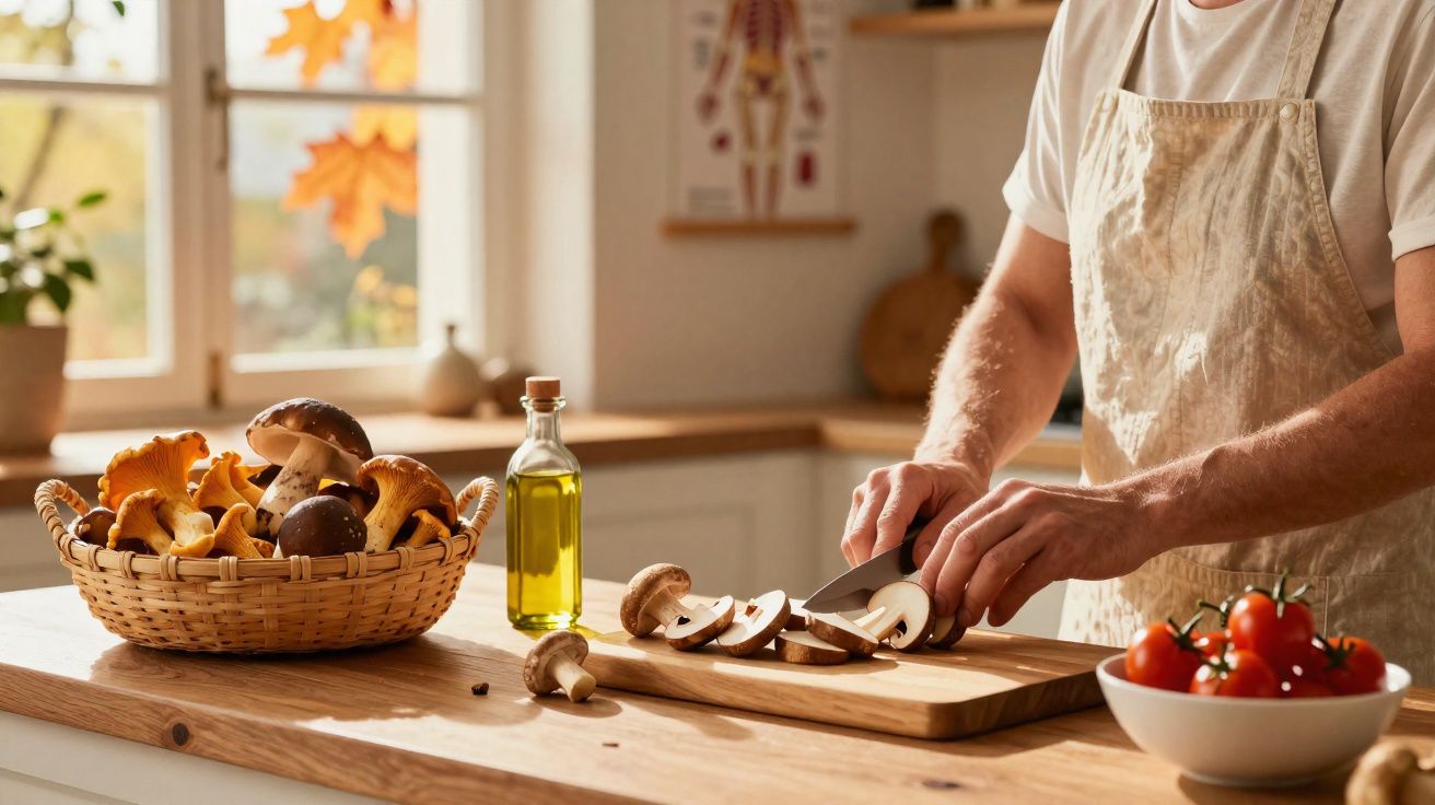 Pessoa cortando cogumelos frescos em tábua de madeira com cesta de cogumelos, azeite e tomates na cozinha.