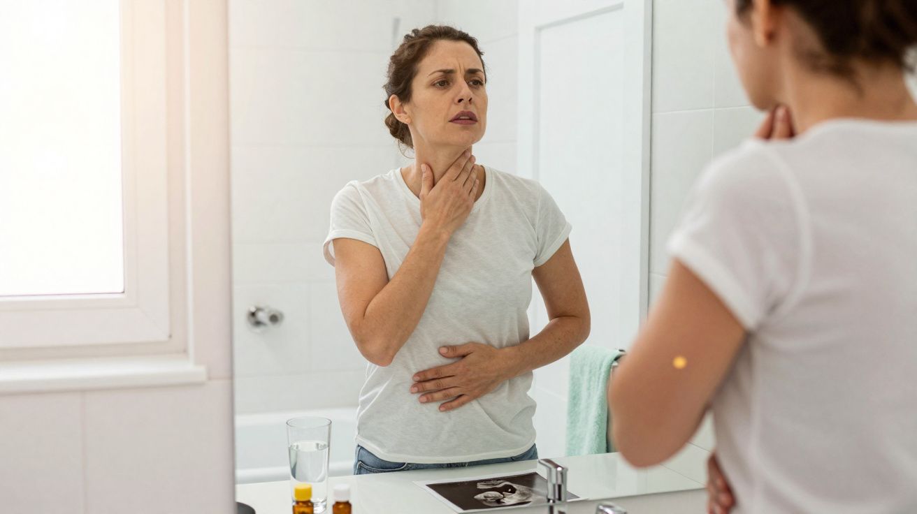 Mulher com expressão de desconforto segurando a garganta e o abdômen em frente ao espelho do banheiro.