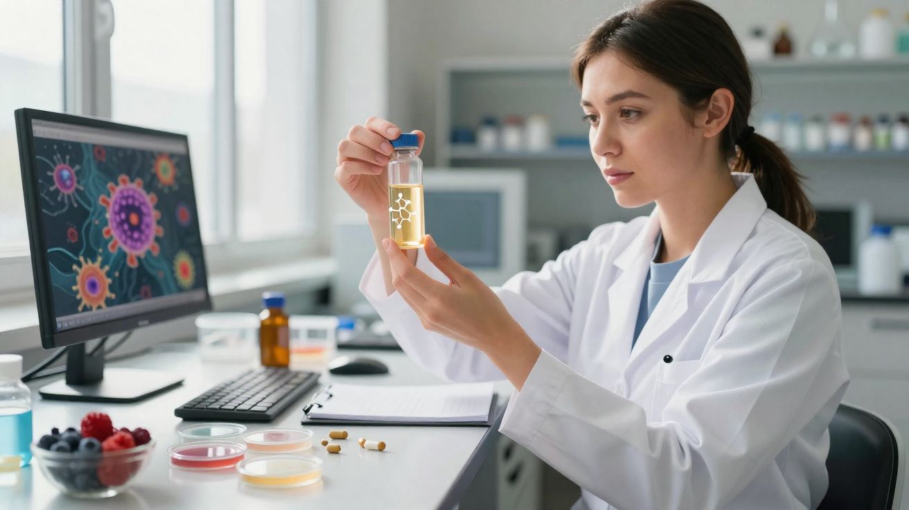 Cientista com jaleco branco analisando amostra em laboratório com computador e materiais de pesquisa.