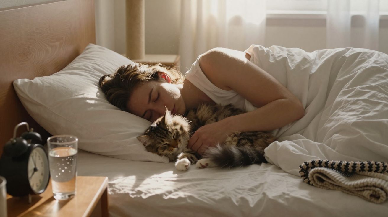 Mulher deitada na cama abraçando gato enquanto sol entra pela janela em quarto iluminado e aconchegante.