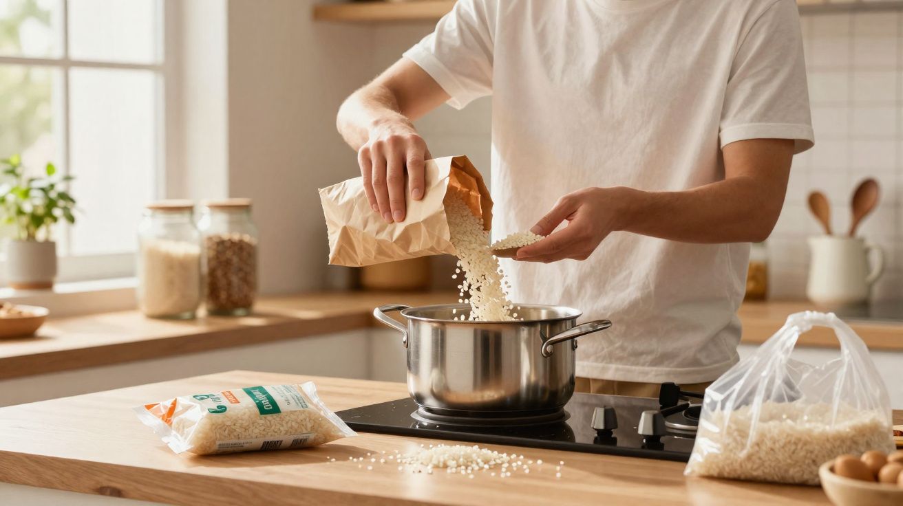 Pessoa vestindo camiseta branca despejando arroz em panela na cozinha iluminada pela janela.
