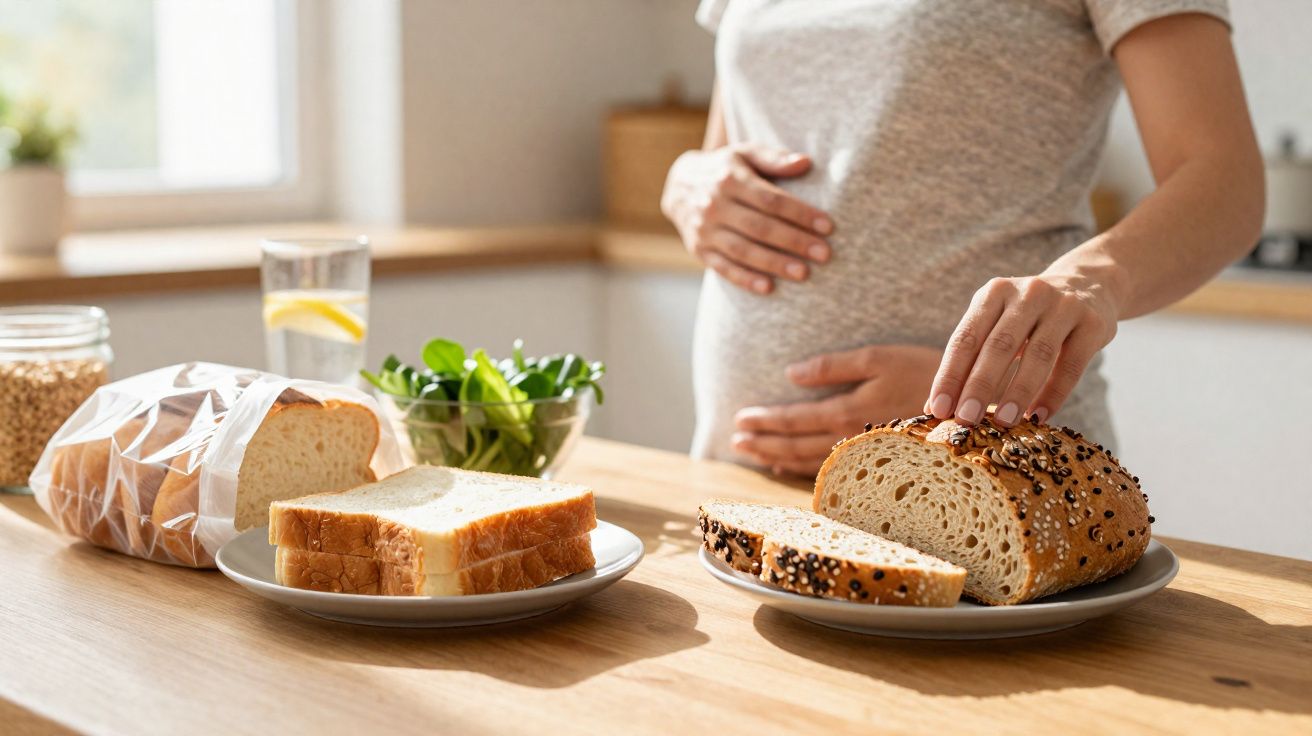 Mulher grávida na cozinha pegando uma fatia de pão integral com sementes em prato.