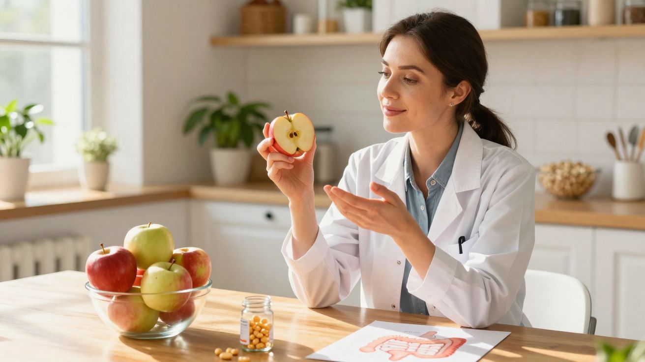 Mulher em jaleco branco segurando uma maçã cortada, explicando sobre saúde ou nutrição.