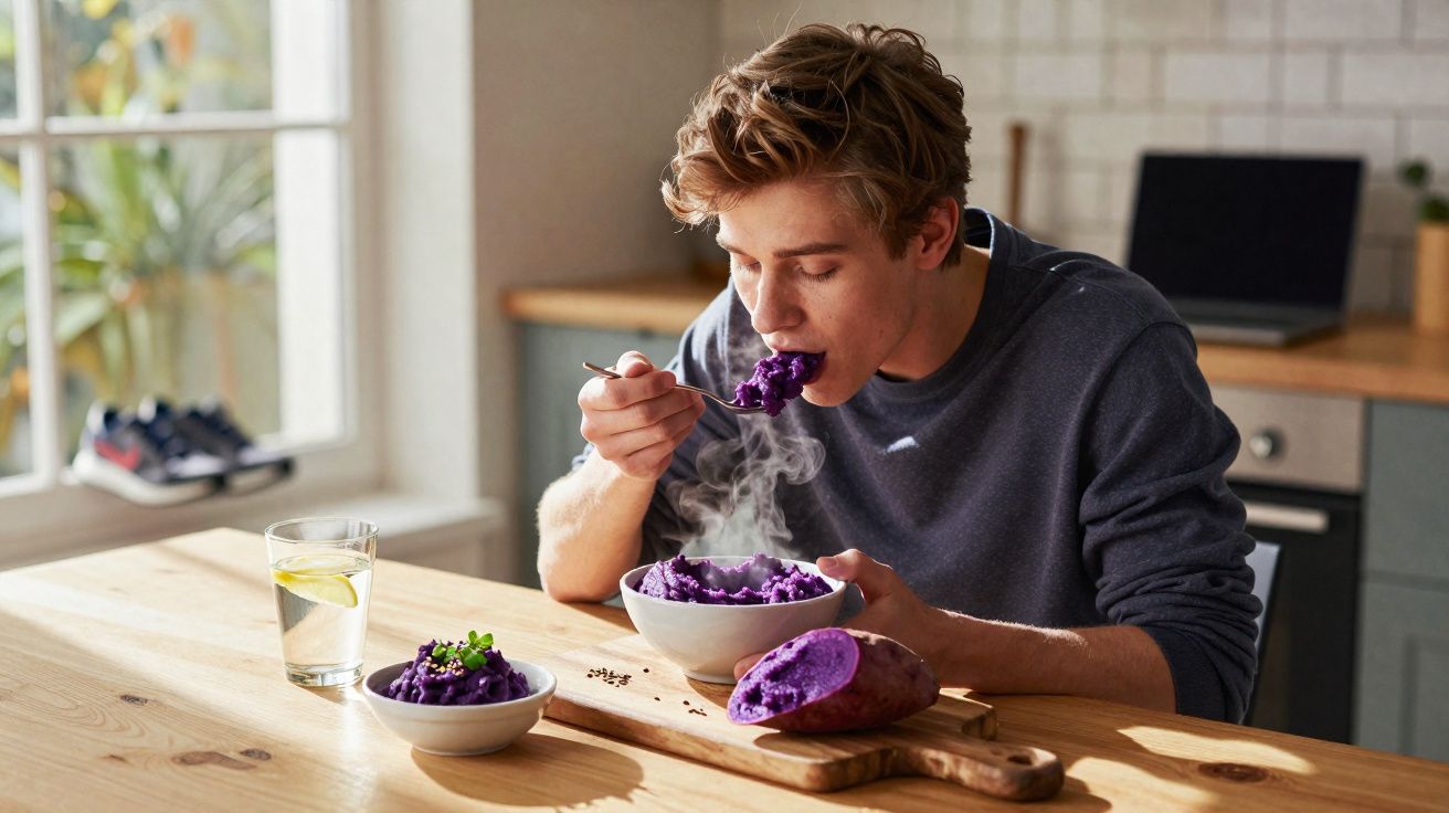 Jovem comendo purê de batata roxa quente sentado à mesa de madeira na cozinha.