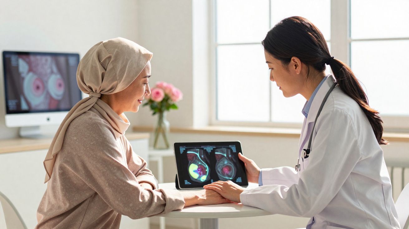Mulher com câncer e médica discutem exames em tablet durante consulta médica em ambiente iluminado.