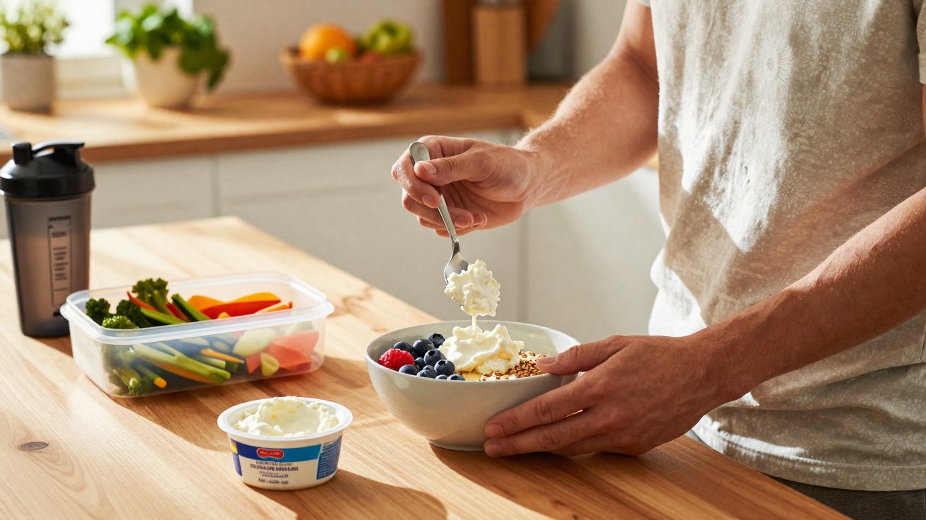 Pessoa colocando creme em tigela com frutas e granola na cozinha, com vegetais em pote plástico ao lado.