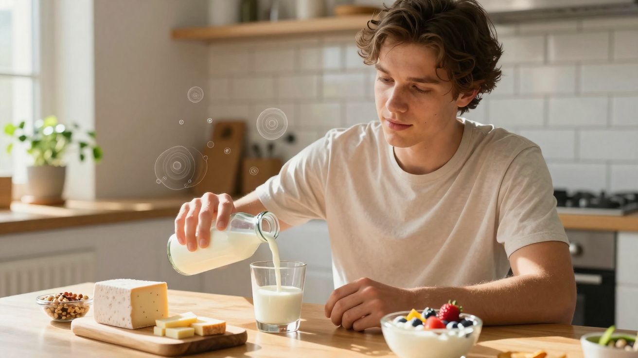 Jovem sentado à mesa na cozinha, despejando leite em copo com queijo, castanhas e frutas ao redor.