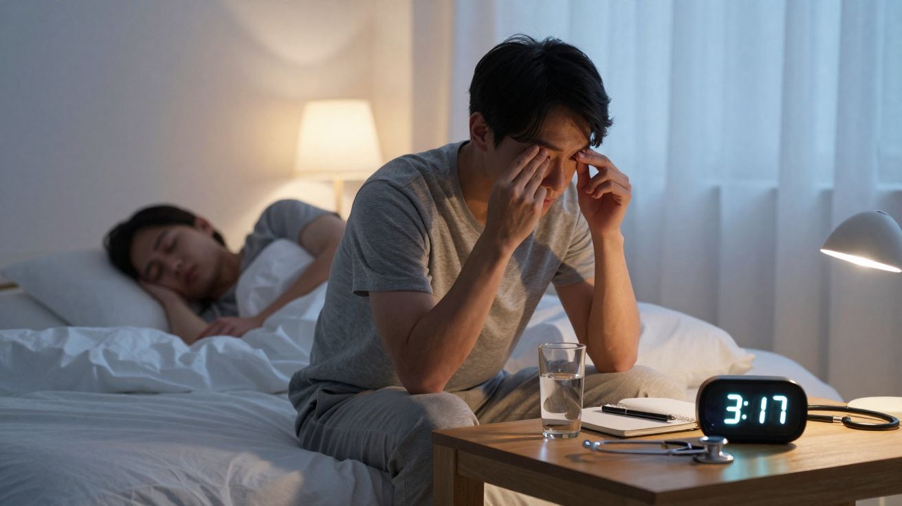 Homem acordado à noite na cama, mostrando cansaço, com mulher dormindo ao fundo e relógio marcando 3:17.