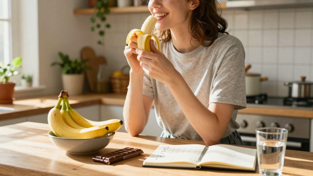 Mulher sorrindo comendo banana na cozinha, com caderno aberto, chocolate e copo de água na mesa.