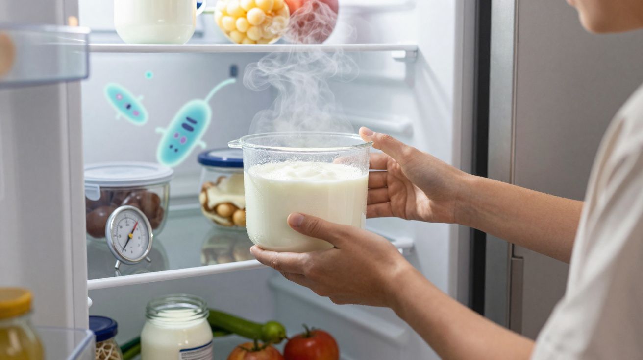 Pessoa colocando recipiente quente com leite fumegante na geladeira com ilustração de bactérias ao fundo.