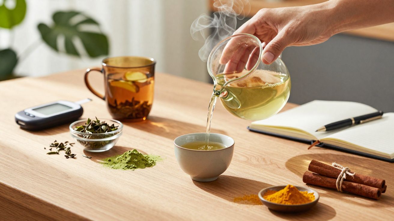 Pessoa derramando chá quente em xícara com ingredientes naturais e medidor de glicose ao lado sobre mesa de madeira.