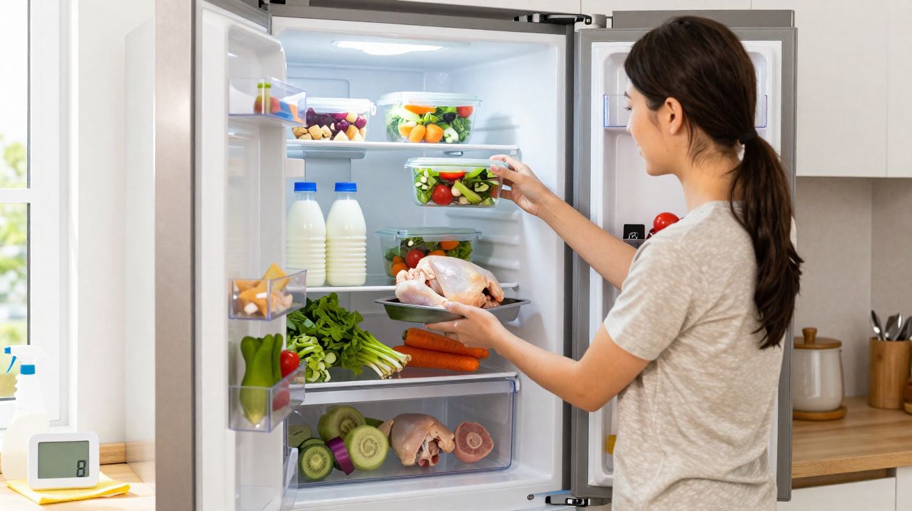 Mulher arrumando potes com alimentos e frango na geladeira cheia de frutas, vegetais e leite.