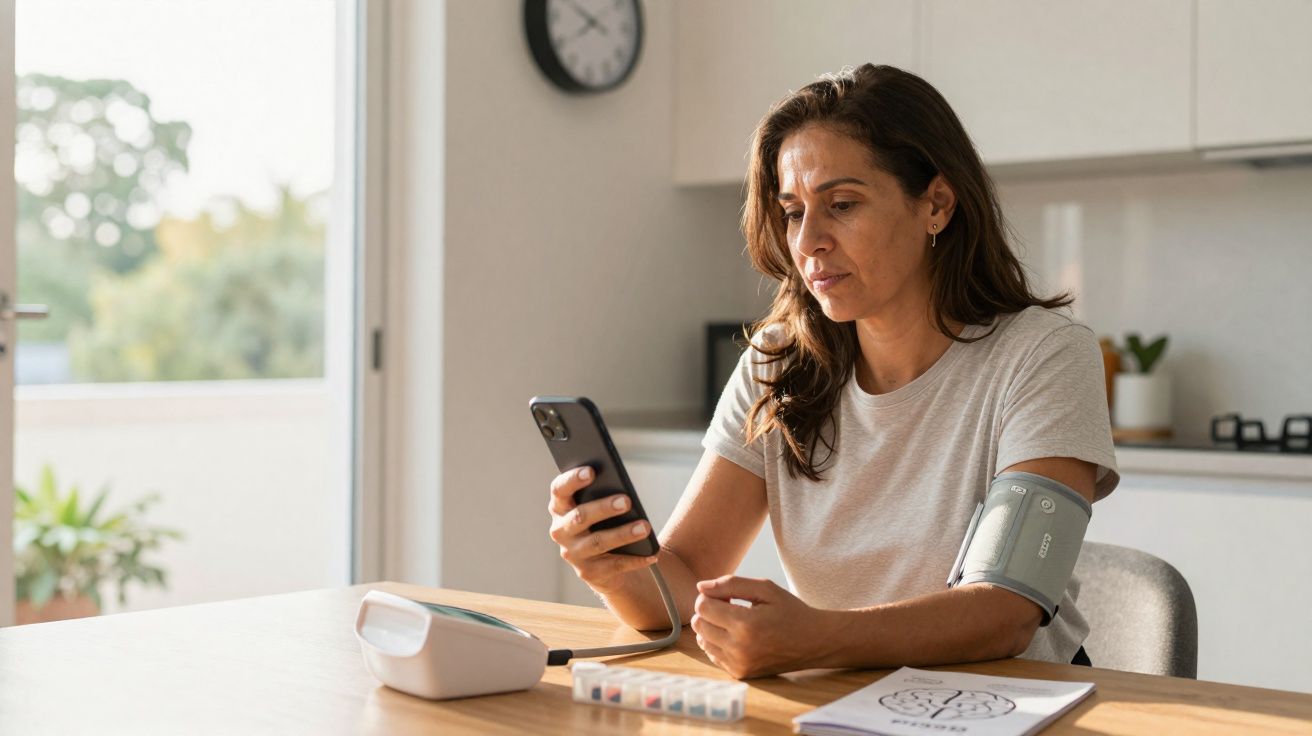 Mulher usando aparelho de pressão e conferindo resultado pelo celular em cozinha iluminada.
