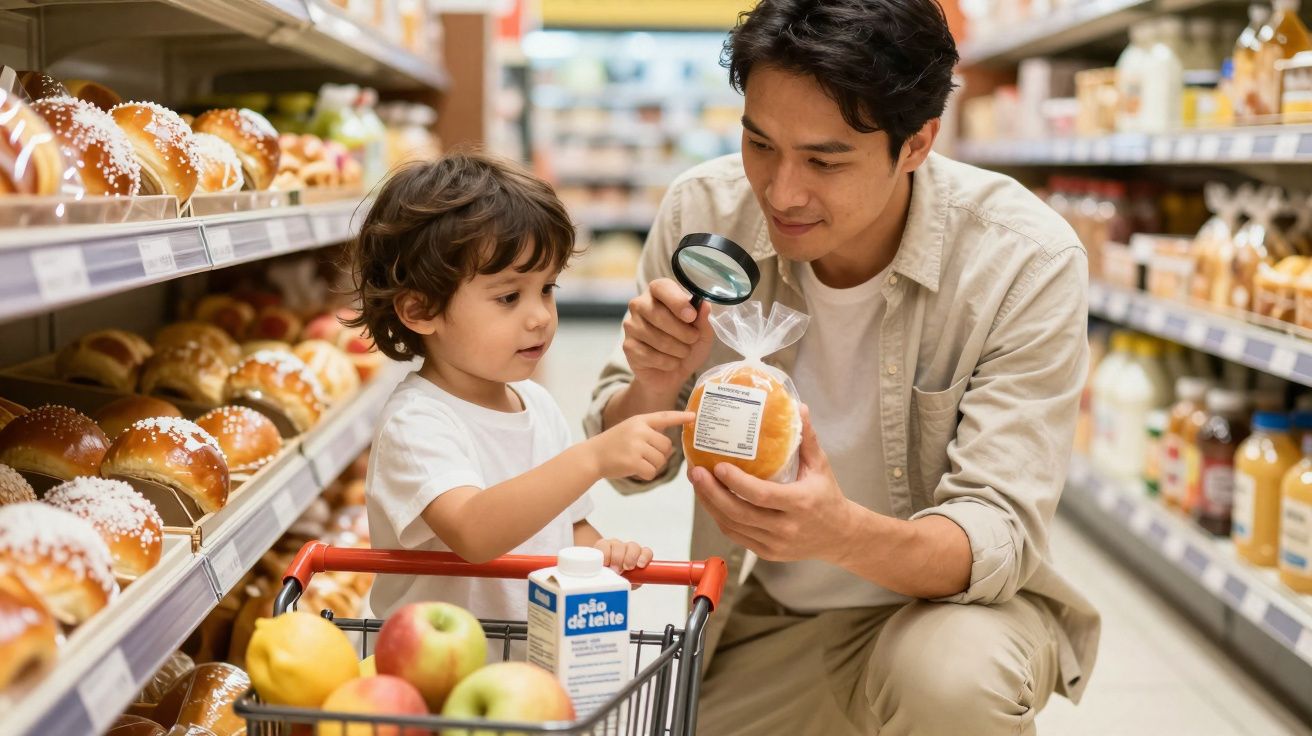 Pai com lupa mostrando informações do pão para filho em supermercado na seção de pães.