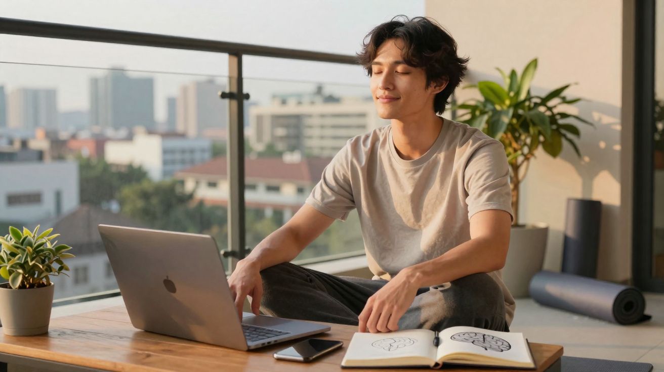 Jovem sentado em posição de meditação com laptop aberto e caderno ilustrado numa varanda com plantas.