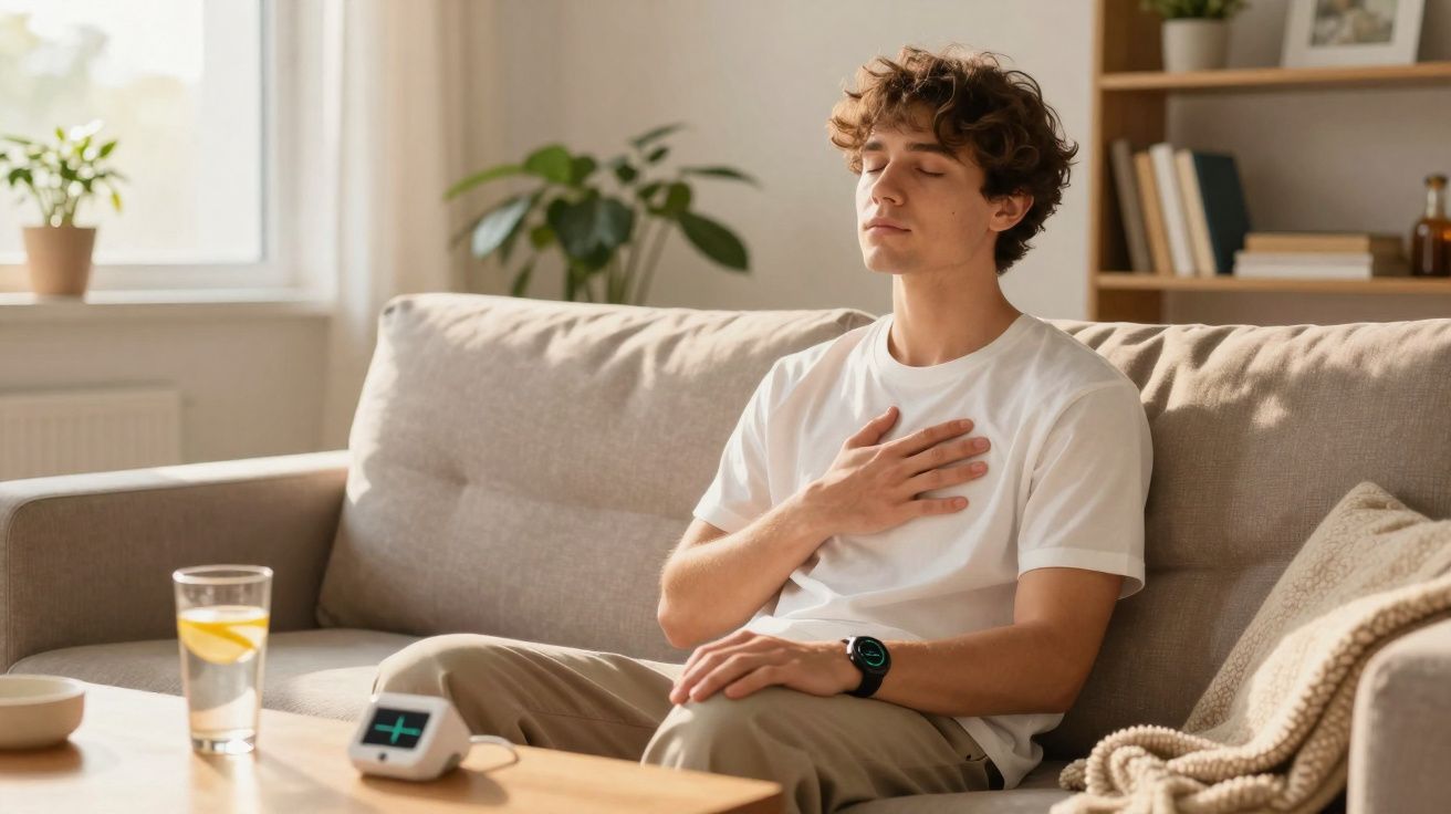 Homem sentado no sofá com olhos fechados, mão no peito, medindo frequência cardíaca em ambiente tranquilo.