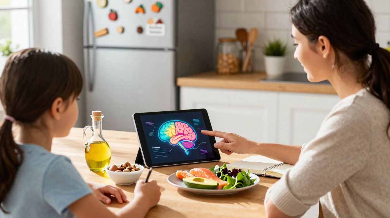 Mulher e menina estudando cérebro em tablet, com comida saudável na mesa da cozinha.
