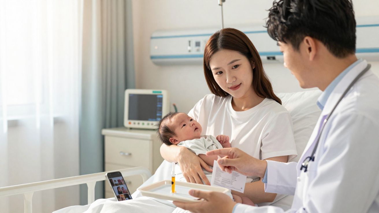 Mãe segurando bebê no hospital enquanto conversa com médico que explica medicação.