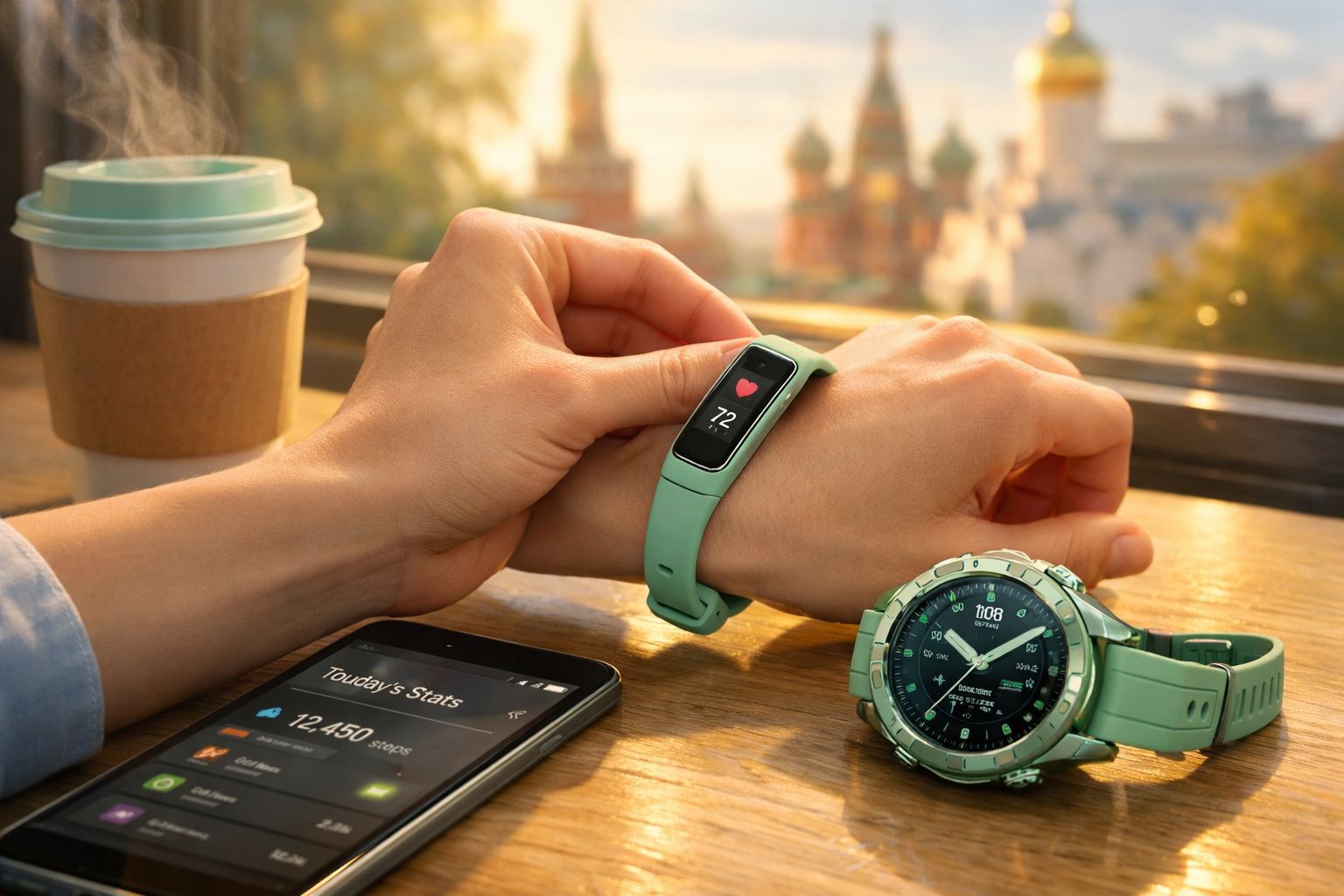 Pessoa medindo frequência cardíaca com pulseira fitness, relógio e celular com app de saúde sobre mesa de madeira.