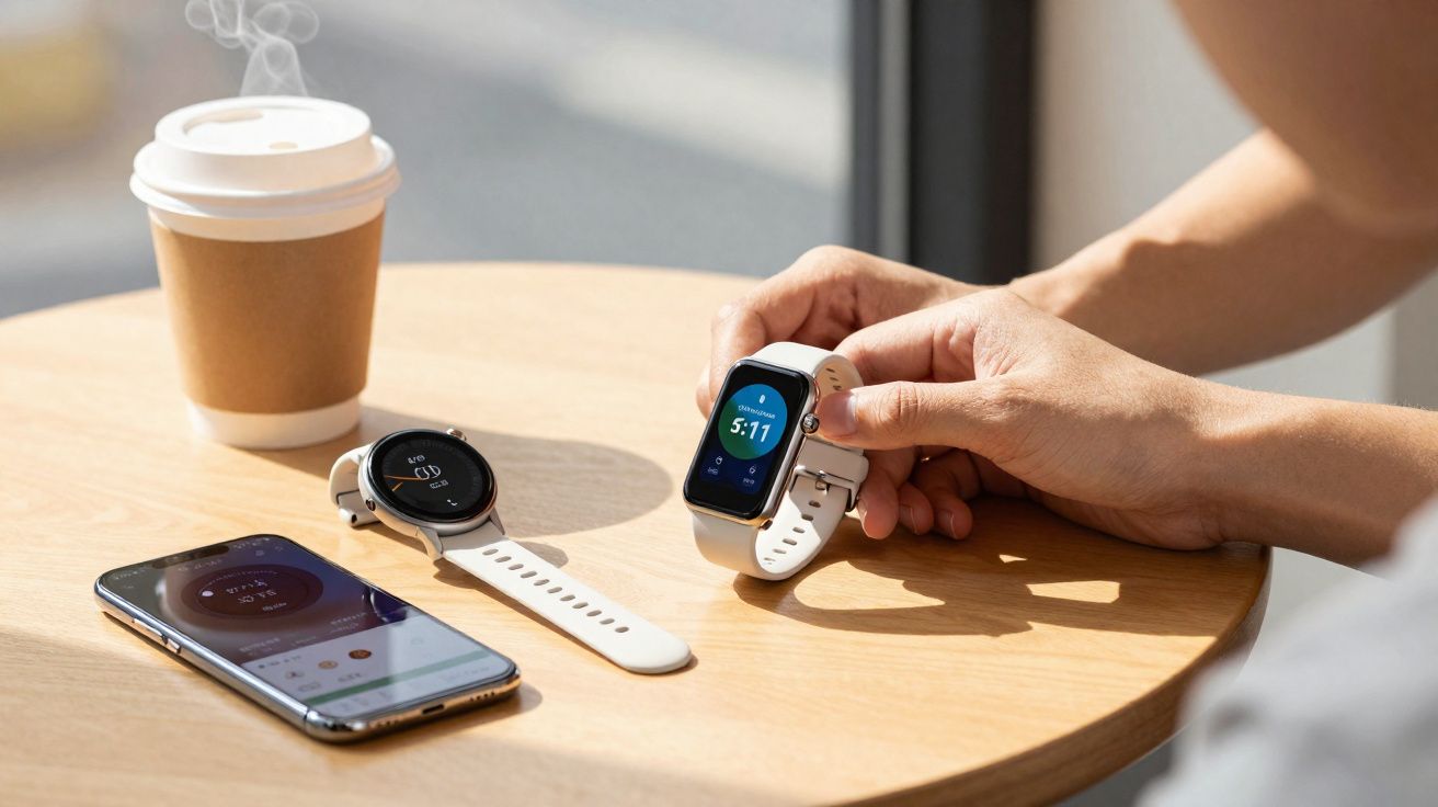 Mesa redonda com um copo de café, dois relógios inteligentes e um smartphone, mãos segurando um relógio.