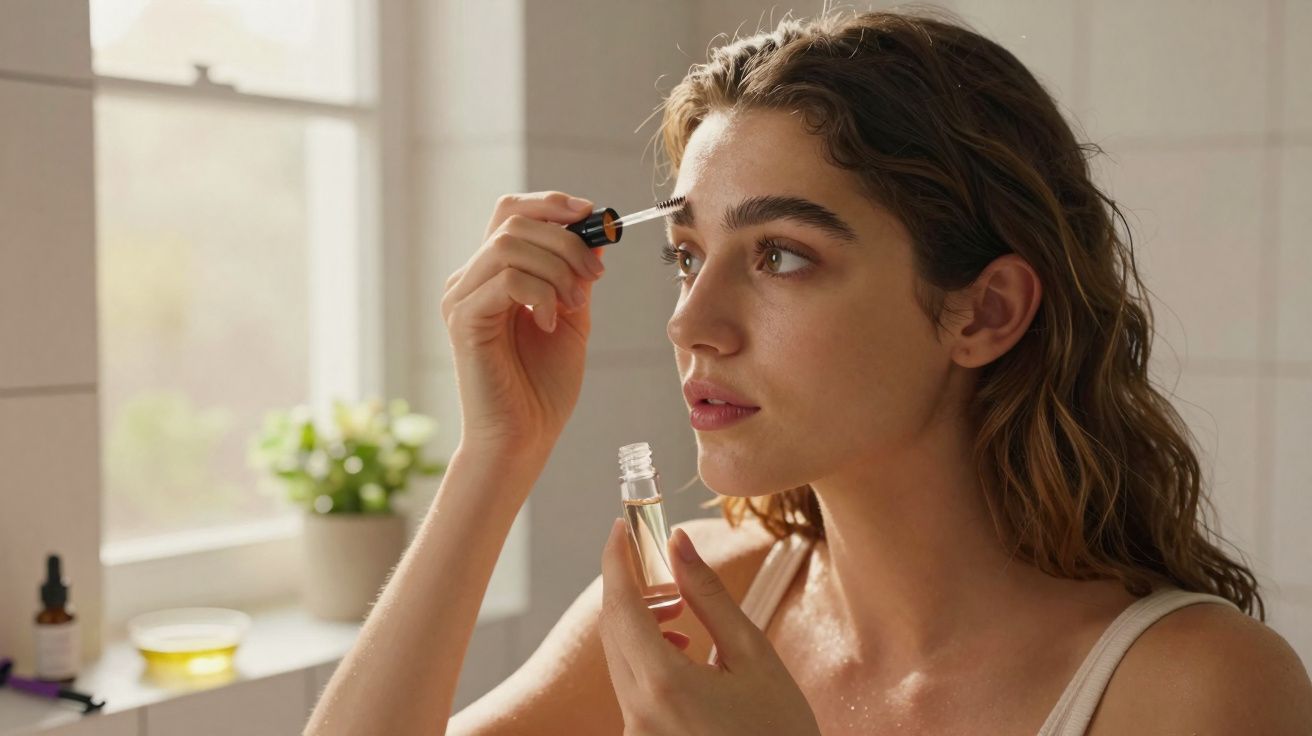 Mulher aplicando sérum facial perto da janela em ambiente iluminado e decorado com planta.